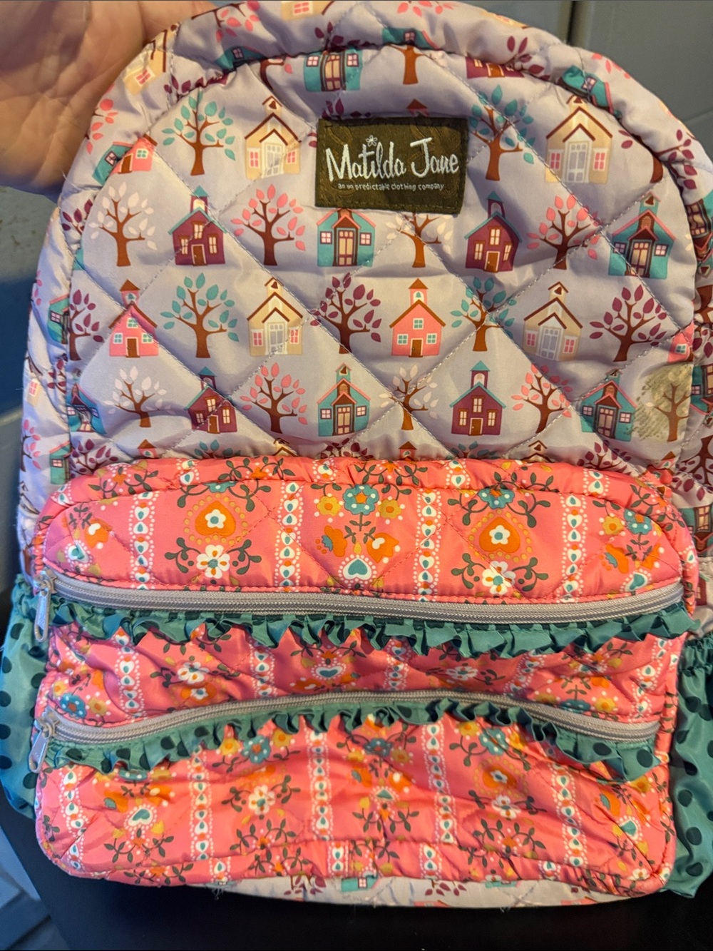 Matilda Jane Coral Pink Floral Quilted Kids Backpack with Teal Accents - Picture 2 of 11